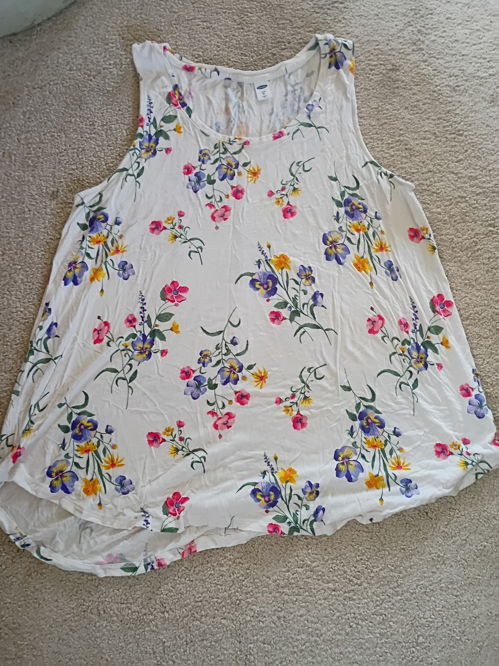Old Navy White Floral Scoop Neck Tank Top with Pink, Purple & Yellow Flowers